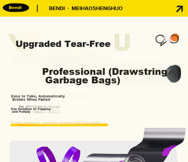 Bendi Black Drawstring Trash Bags 45x50cm 80pcs Double-Sided 2.4 Mil Thickened Tear-Resistant Household Carry Handle 1