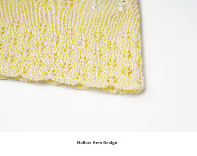 Olrain Summer New Round Neck Tie Single-Breasted Hollow Jacquard Knit Cardigan Women Top Yellow S 24