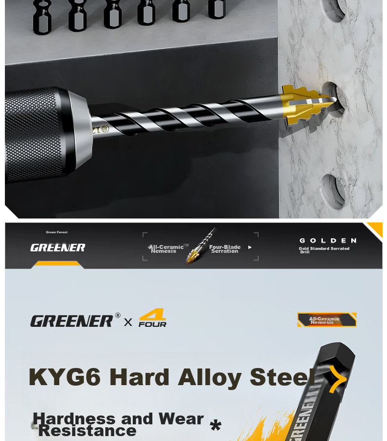 GREENER Gold Standard Serrated Core Drill Bit Set for Tile and Concrete, Ultra-Hard Electric Drill Bits, High Hardness, Sizes 6/8/10/12mm 7