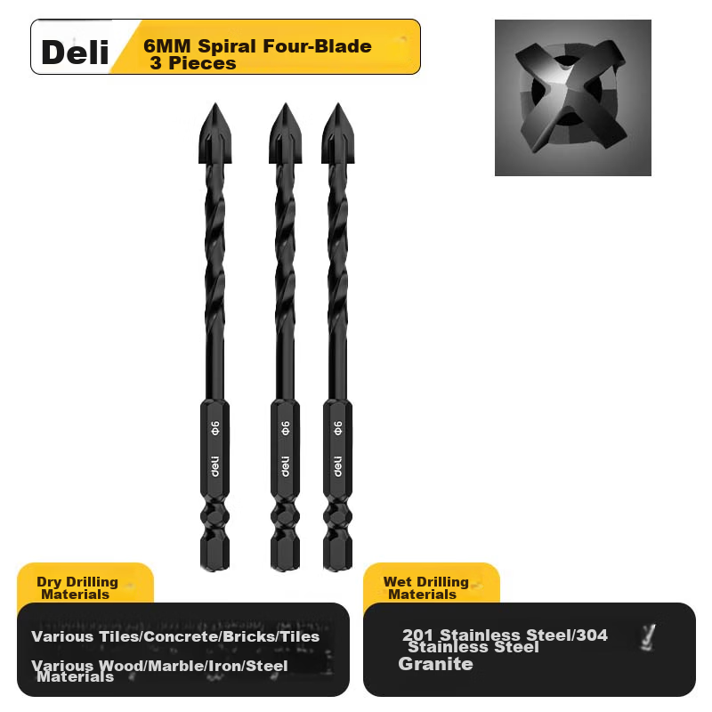Deli 6mm Tungsten Carbide Four-Blade Cross Bawang Drill Bit Hex Shank Super Hard Tile Drilling Special Grade Bawang - 1 Piece