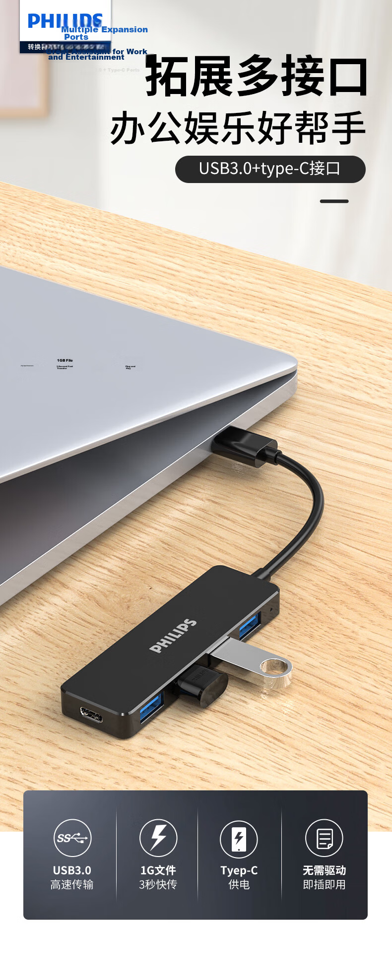 PHILIPS USB3.0 Hub, High-Speed Expansion 4-Port Hub, Laptop Five-In Converter Adapter, Extension Cable, Type-C Power Port, 1.5 Meters 1