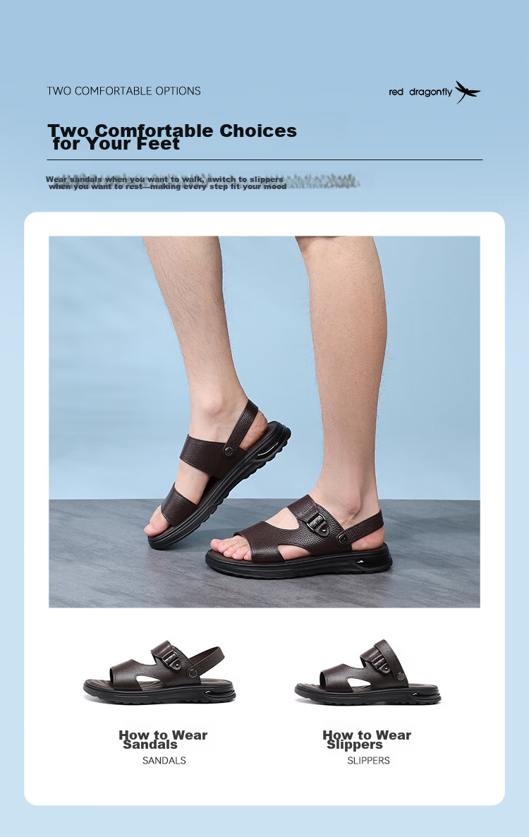 Red Dragonfly Men's Leather Dual-Wear Sandals Outdoor Soft Sole Trendy Comfortable Beach Casual Shoes WTT261112 Brown Size 41 6