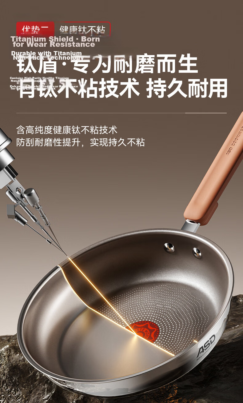 ASD Flat Bottom Wok with Oil-Gathering Red Core Titanium Non-Stick Frying Pan for Steak, Eggs And Stir-Fry, 30cm Compatible with Induction Cooker A7WG 8