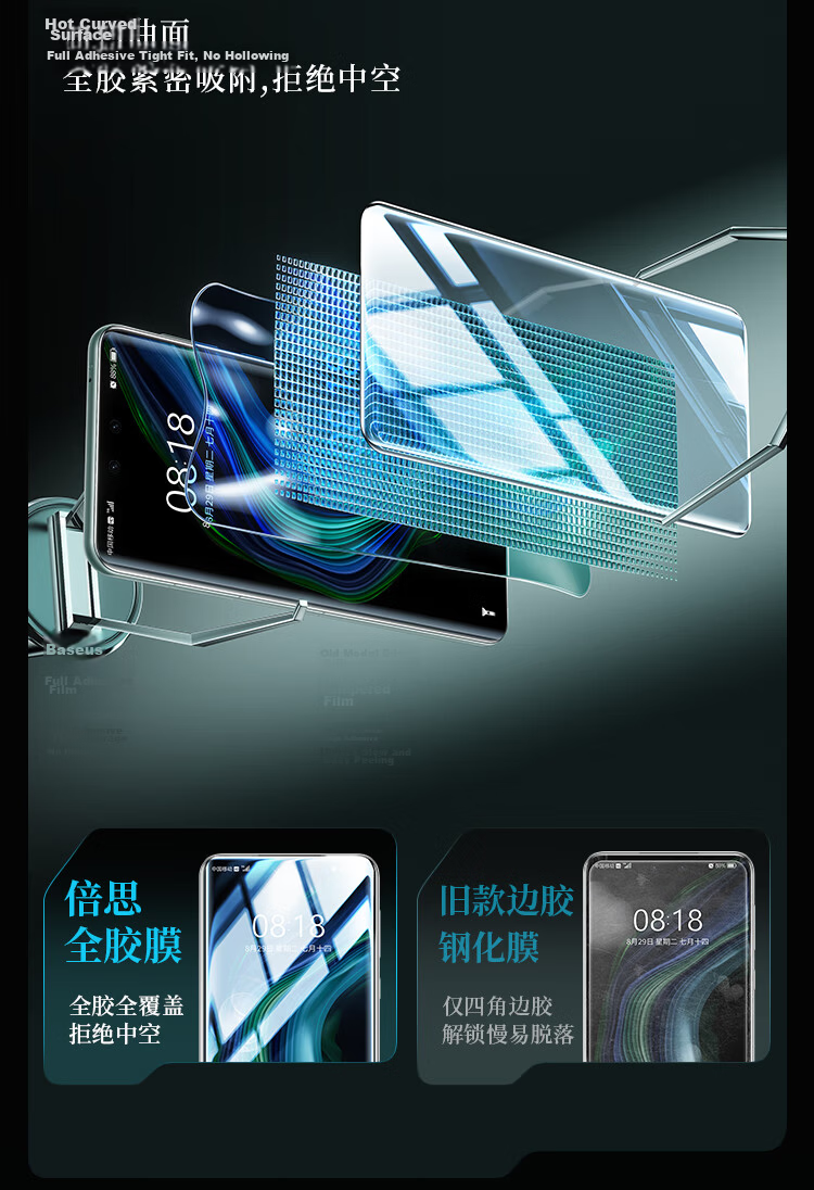 Baseus Full Coverage Tempered Glass Screen Protector for Huawei Mate60 Pro, High-Definition, Anti-Drop, Scratch-Resistant, Anti-Fingerprint, Curved Heat-Bent Front Film, Compatible with Mate60 Pro and 8