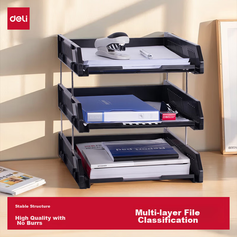 Deli 3-Tier Hollow Storage File Holder Detachable Assembly Document Tray/File Frame Desktop File Organizer Black 9209