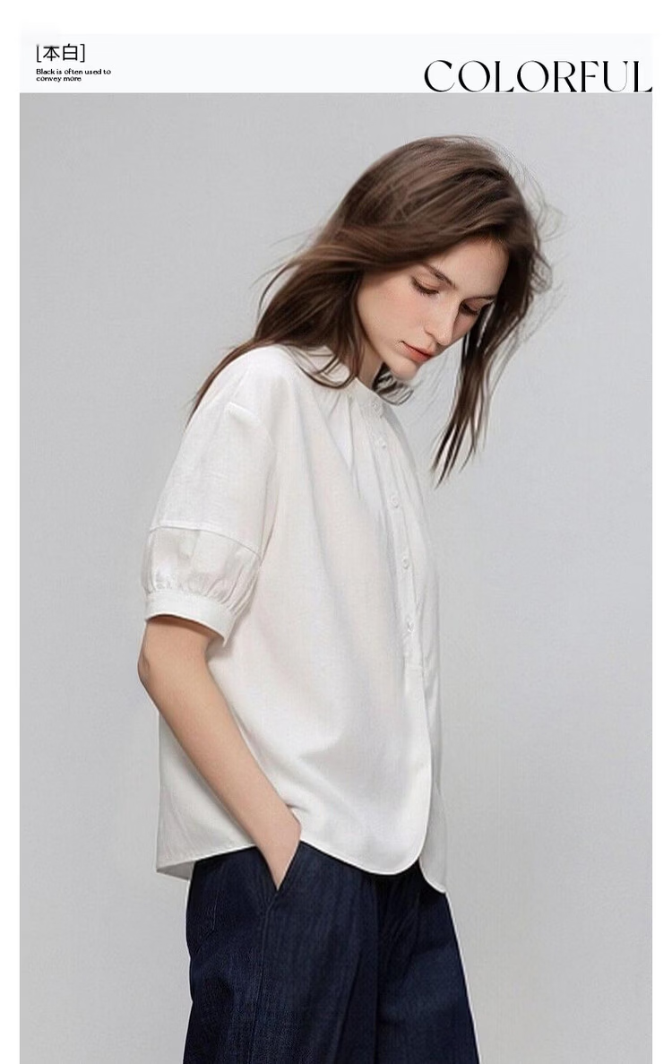 Demana [Oxygen Pure Cotton] Summer Simple Style Gathered Small Stand Collar Lantern Sleeve Curved Hem Loose Slim Women's Shirt 3
