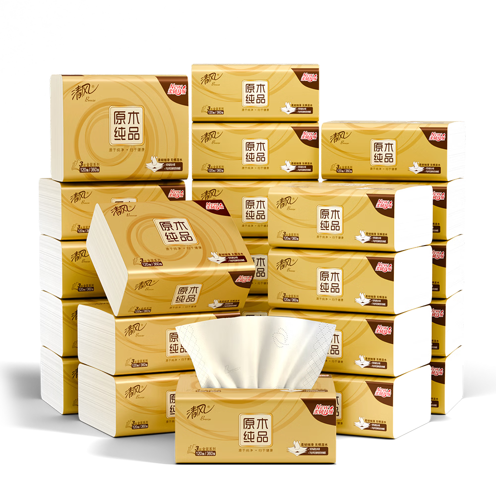 Qingfeng Premium Thick and Strong 3-Ply Facial Tissue 120 Sheets * 24 Packs Wet-Resistant Tissue Paper Box