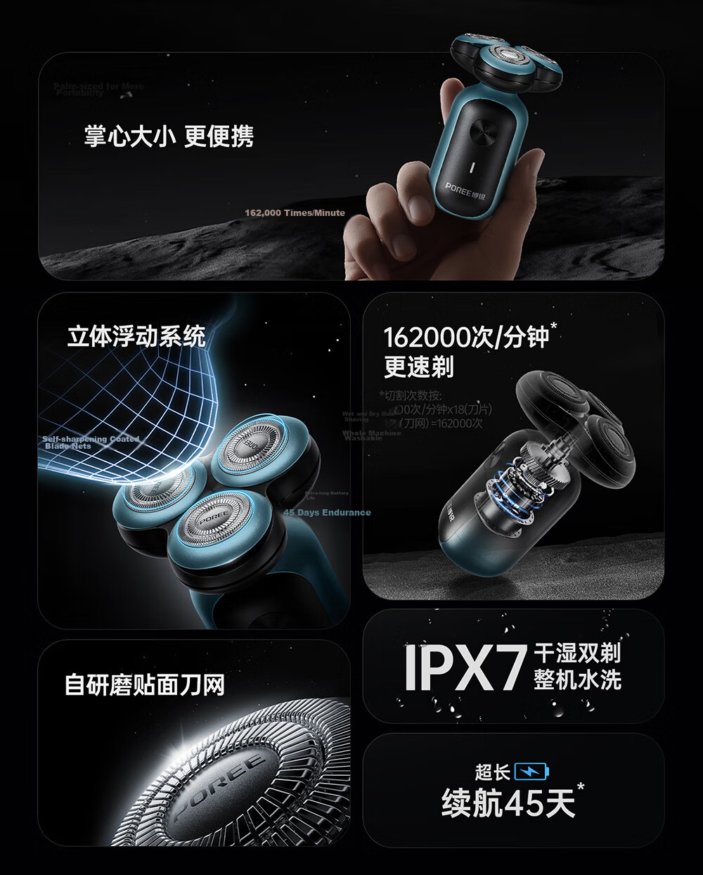 Feike Borui Electric Shaver Men's Mini Three-Head Rotary Portable Beard Trimmer P0 Space Blue Holiday Gift Recommended 3