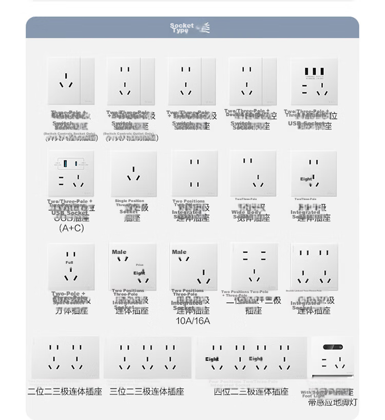 BULL G60 Series Six-Hole 10A Socket 86-Type Ultra-Thin Socket Panel G60Z233 Frost White 21