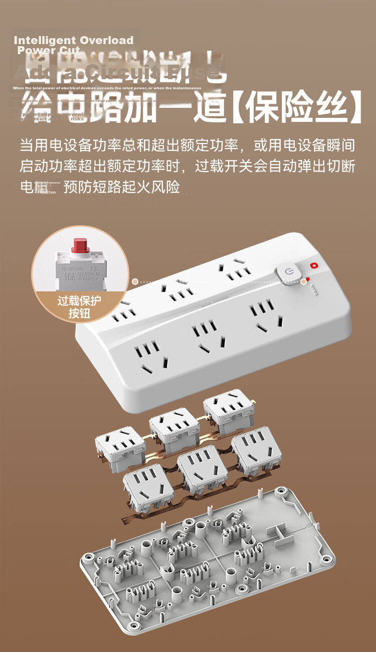 JD Jingzao 6-Outlet Trapezoidal Power Strip 1.5M Extension Cord Multi-Functional Smart Socket Office Multi-Outlet Adapter 5