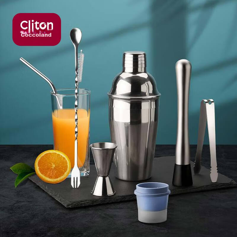 CLITON 304 Stainless Steel Cocktail Shaker Milk Tea Shop Handmade Lemon Squeezer Cocktail Shaker Snow Cup Pot 7-Piece Set