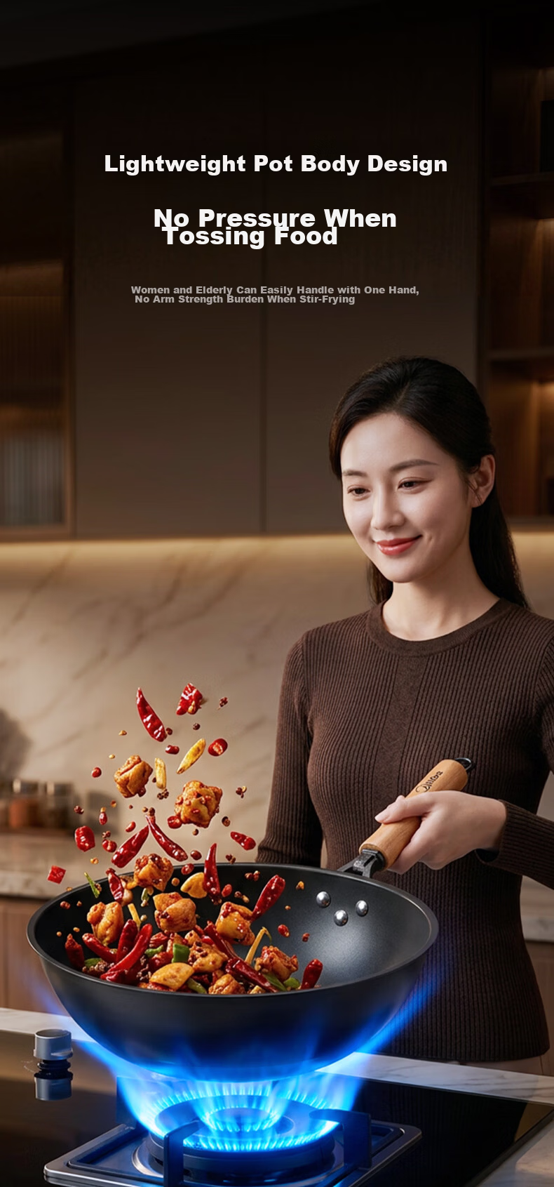 Midea Titanium Flame Non-Stick Iron Wok Stir-Fry Pan No-Coating Household Gas and Induction Cooker Compatible Pan 15