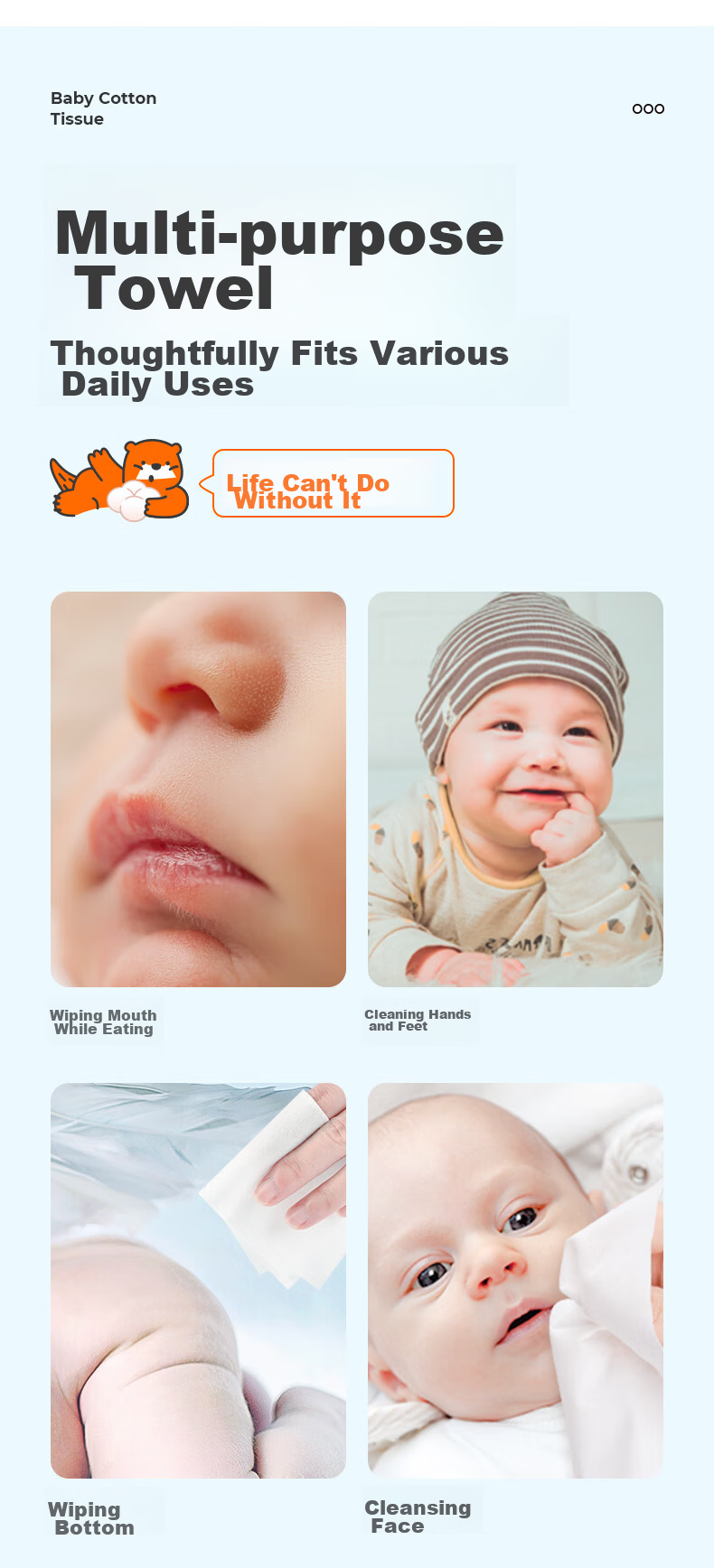 Fluffy Life 100% Cotton Soft Wipes 80 Sheets x 6 Packs Baby Disposable Face Towels Dual-use Dry and Wet Pure Cotton 13