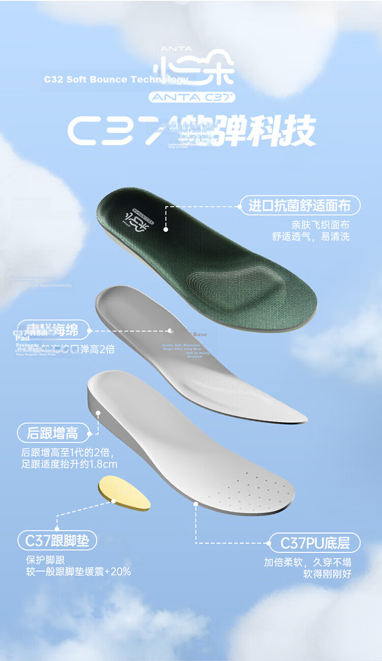 Anta Little Cloud Sports Shock Absorption Breathable Insoles Black Size 9 (Men's 42.5) 21