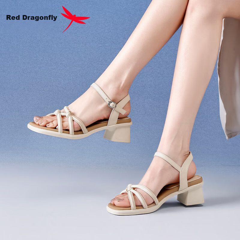 Red Dragonfly Women's Sandals Fairy Style One-Strap Open Toe Roman Shoes Chunky Heel Height Increasing Beach Shoes WLK266881 Beige Size 35