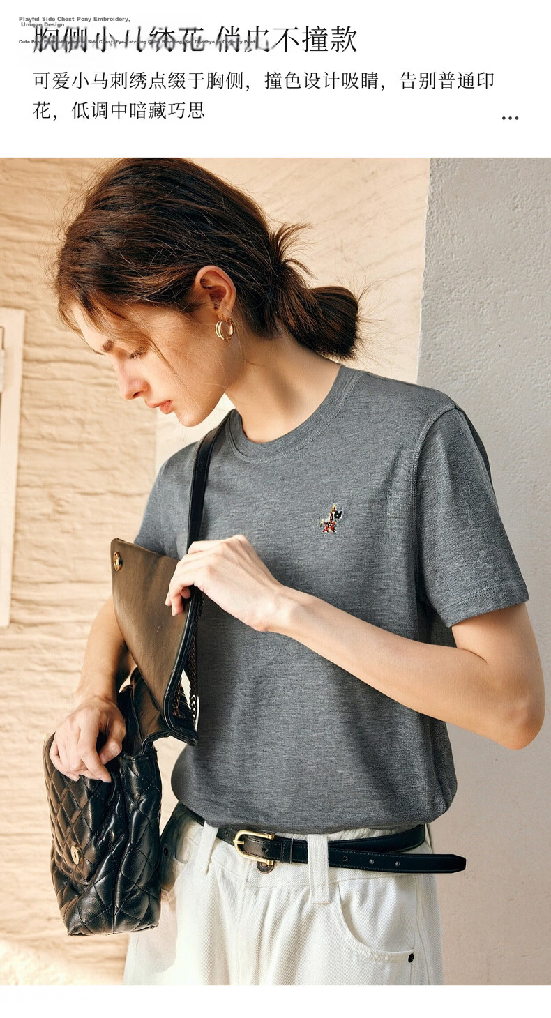 Olrain Eurail Summer New Round Neck Casual Fashion Versatile Embroidered Short Sleeve T-Shirt for Women Gray S 3