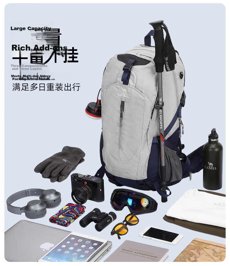 CAMEL Hiking Backpack Outdoor Travel Backpack Mountaineering Double Shoulder Bag Hiking Backpack 2S04001A Classic Black 3