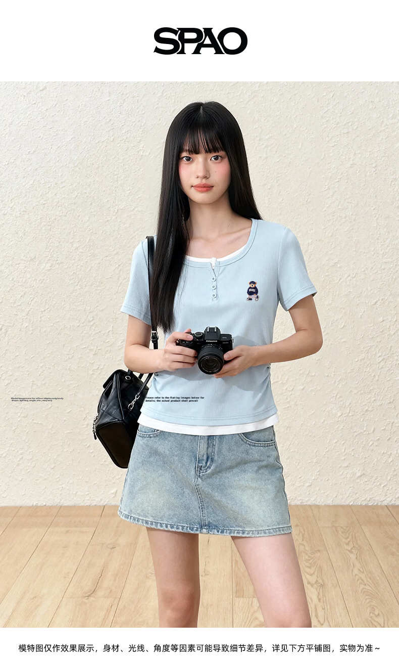 SPAO Bear Print Faux Two-Piece Colorblock Short Sleeve T-Shirt Women 2026 Summer Slim Ruched Shoulder College Style Crop Top 2