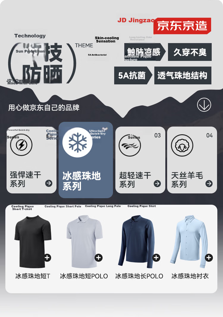 JD Jingzao 300 Men's Short Sleeve T-Shirt Summer Outdoor Sports Quick-Dry Breathable Ice Silk Cooling Black S 1