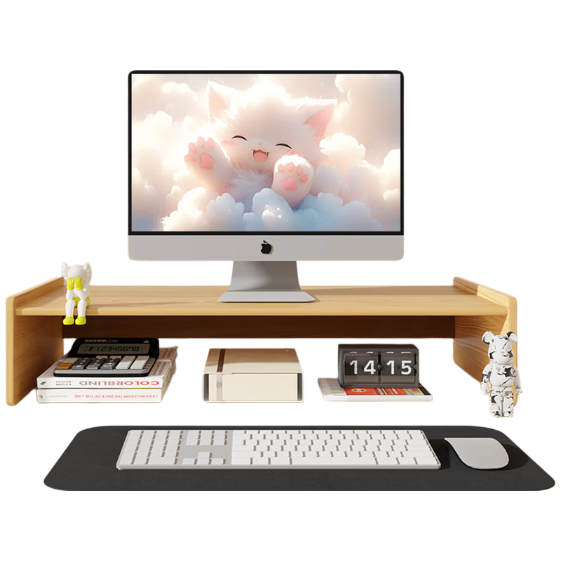 Youbili Computer Riser Desk File Cabinet, Wooden Height-Increasing Table, Multifunctional Office Desk Keyboard Storage Monitor Riser Base Laptop Storage Rack 5067 Bamboo Wood Color