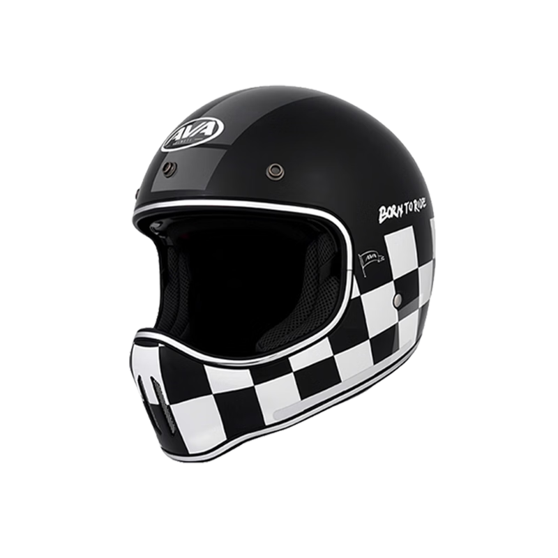 AVA Ranger Motorcycle Retro Full Face Cruiser Helmet Small Shell Off-Road Helmet Unisex Black White Checkered + Gift Pack L