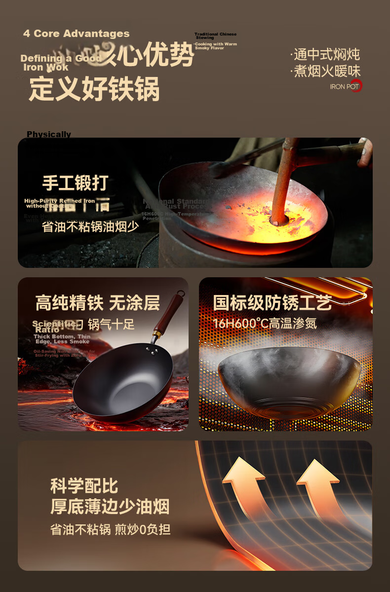 CHIGO Authentic Zhangqiu Stir-Fry Pan Non-Coated Cast Iron Flat Bottom Wok Household Traditional Forged Seasoned with Lid 30cm 2