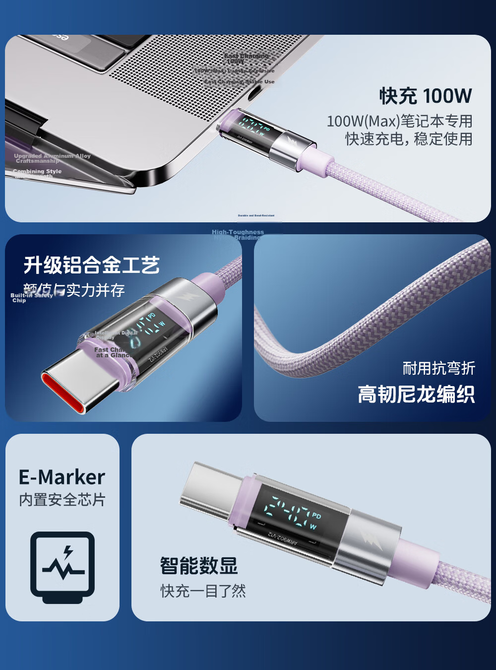 Beimo Smart Digital Display Braided Data Cable Type-C to Lightning Charging Cable 27W Fast Charge Compatible with Apple 8-14 1.2m Blue 1