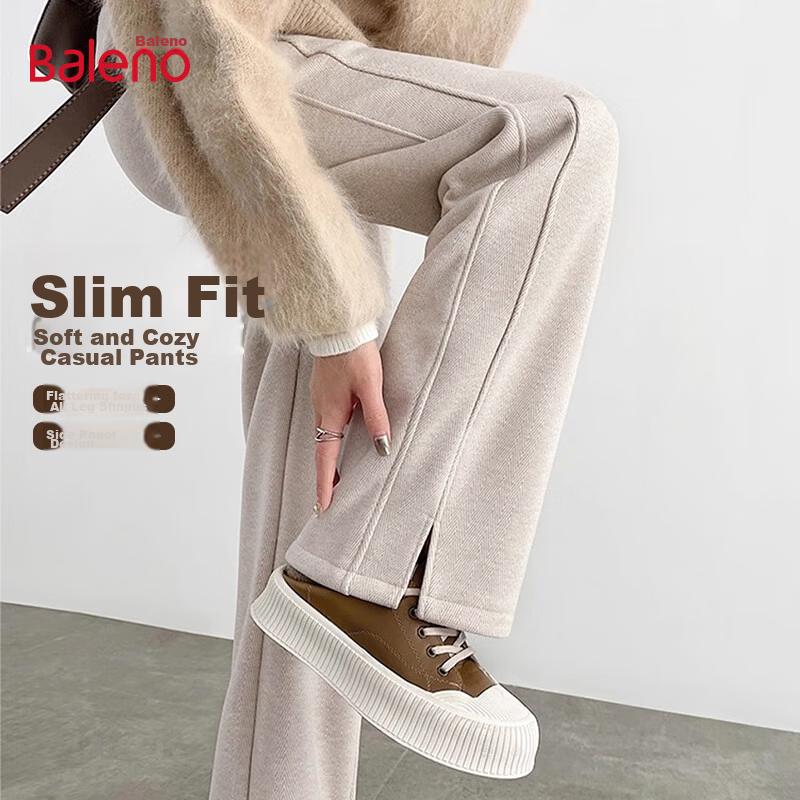 Baleno Herringbone Wide-Leg Pants for Women Spring Autumn 2026 New Woolen Split Pants Versatile Straight Narrow Casual Trousers