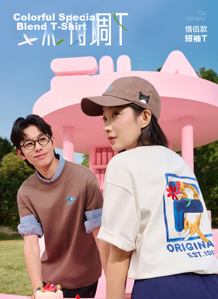 FILA Official Couple's Knitted Short Sleeve Shirt 2026 Summer Fashion Casual Unisex Loose Cat Embroidery T-Shirt 2