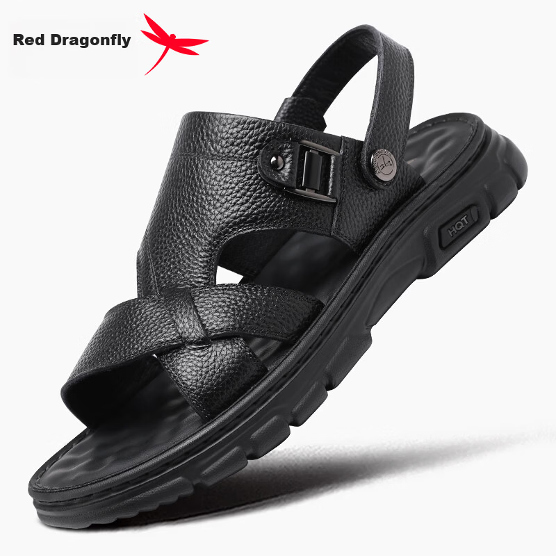Red Dragonfly Men's Summer Leather Thick Sole Sandals Dual-Purpose Commuting Driving Casual Beach Shoes WTT261201 Black Size 38