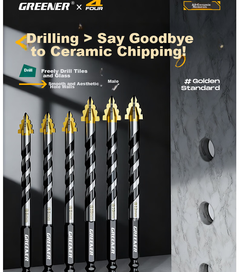 GREENER Gold Standard Serrated Core Drill Bit Set for Tile and Concrete, Ultra-Hard Electric Drill Bits, High Hardness, Sizes 6/8/10/12mm 6