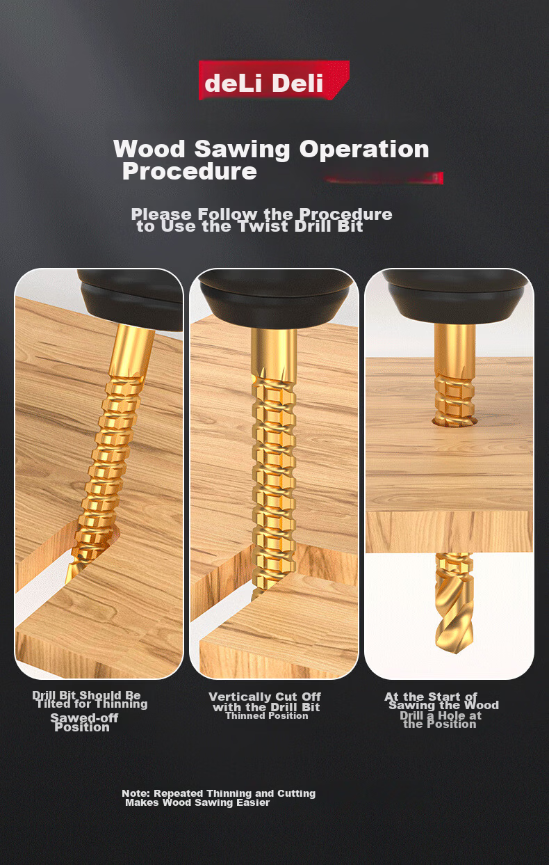 Deli Multifunctional Serrated Twist Drill 3-in-1 Saw Drill Groove Punch Slotting Serrated Woodworking Drill Bits 6mm 3pcs 9