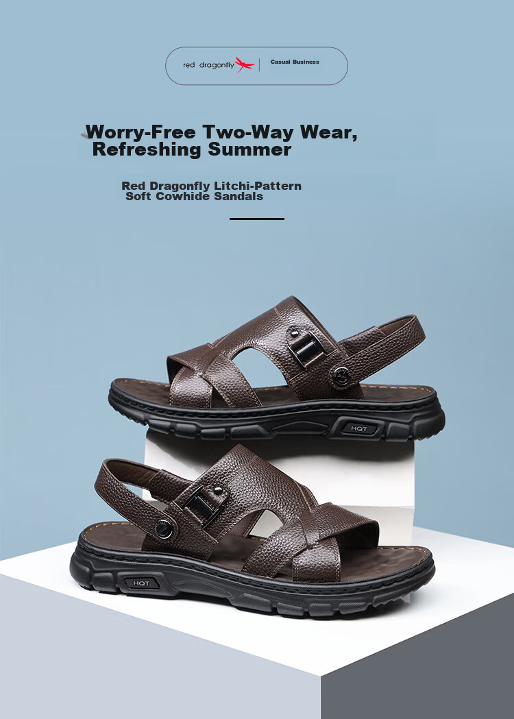 Red Dragonfly Men's Summer Leather Thick Sole Sandals Dual-Purpose Commuting Driving Casual Beach Shoes WTT261201 Black Size 38 1