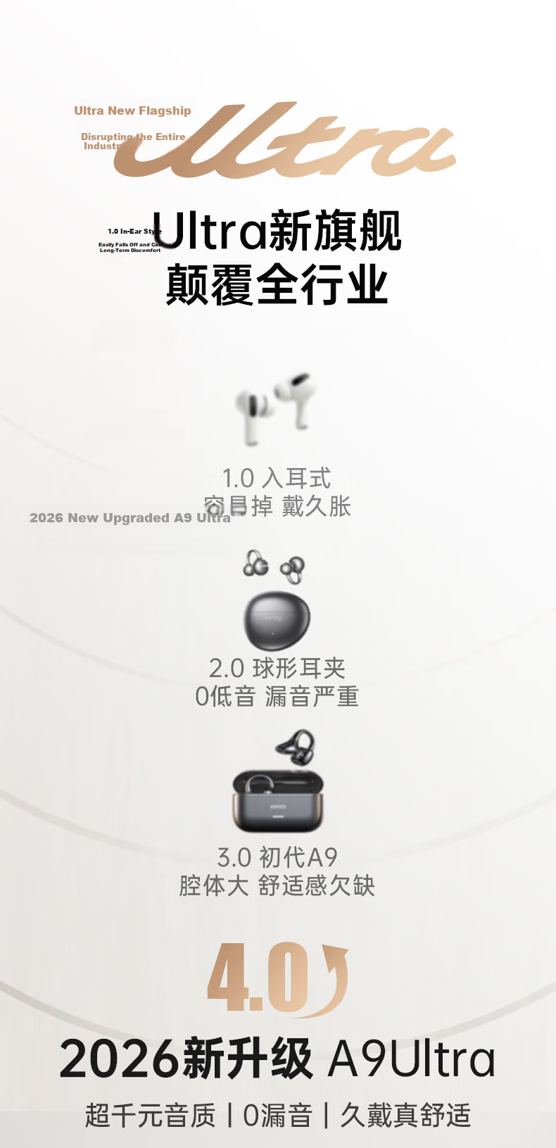 Jinyun 2026 Latest A9 Ultra Dynamic Ring Bluetooth Clip-on Bone Conduction Wireless Open-Ear Running Sports Sweatproof Call Long Battery Life AI Translation Gift 5