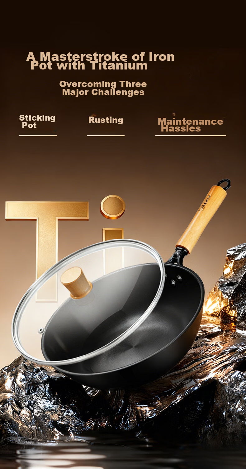 Midea Titanium Flame Non-Stick Iron Wok Stir-Fry Pan No-Coating Household Gas and Induction Cooker Compatible Pan 6