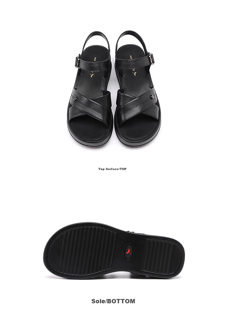 Red Dragonfly Mom Summer Sandals Soft Leather Sole Middle-aged and Elderly Women's Shoes Magic Tape Beach Shoes WTK265021 Black Size 38 12