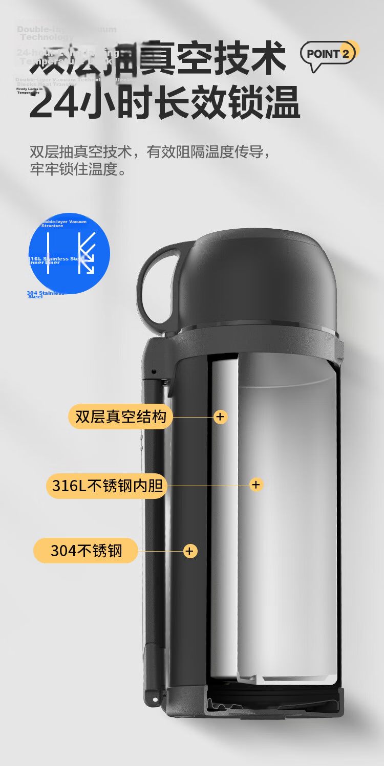 LOCK&LOCK Insulated Thermos Large Capacity 2L Stainless Steel Portable Vacuum Flask Deep Black for Camping Car Home Use 4