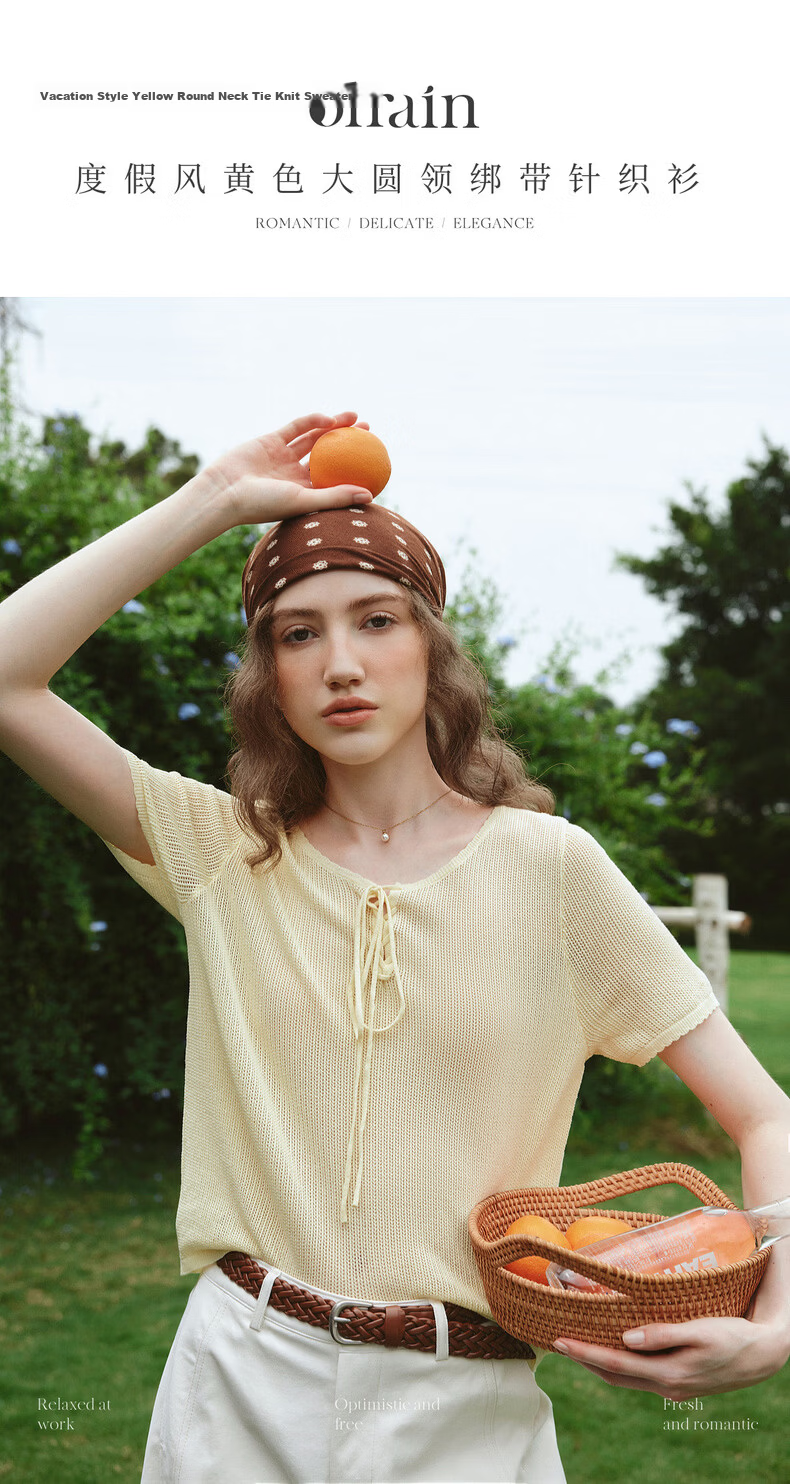 Olrain Summer New Vacation Style Large Round Neck Tie Pullover Knitwear Women Casual Top Yellow L 1