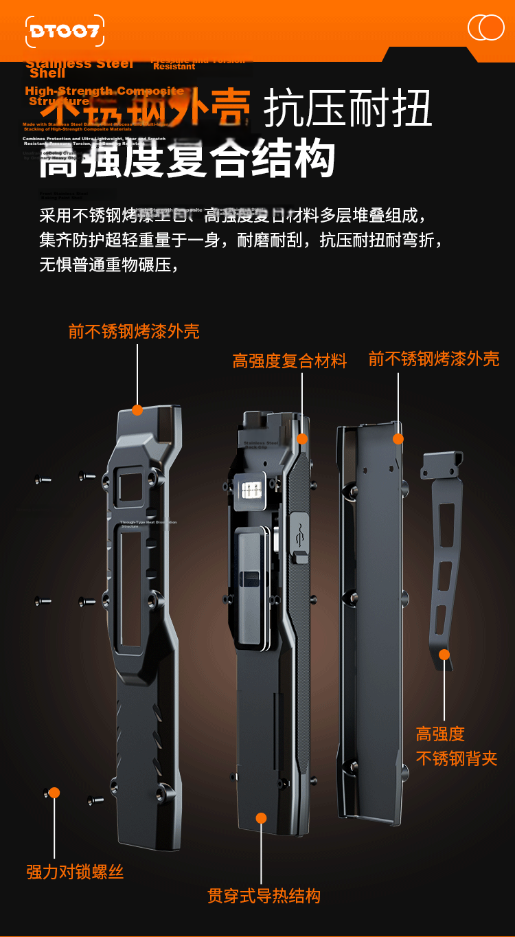 Cavalry Stainless Steel Outdoor Work Light Rechargeable Tactical Flashlight Side Light Dual Light Source High Brightness EDC Flashlight 6