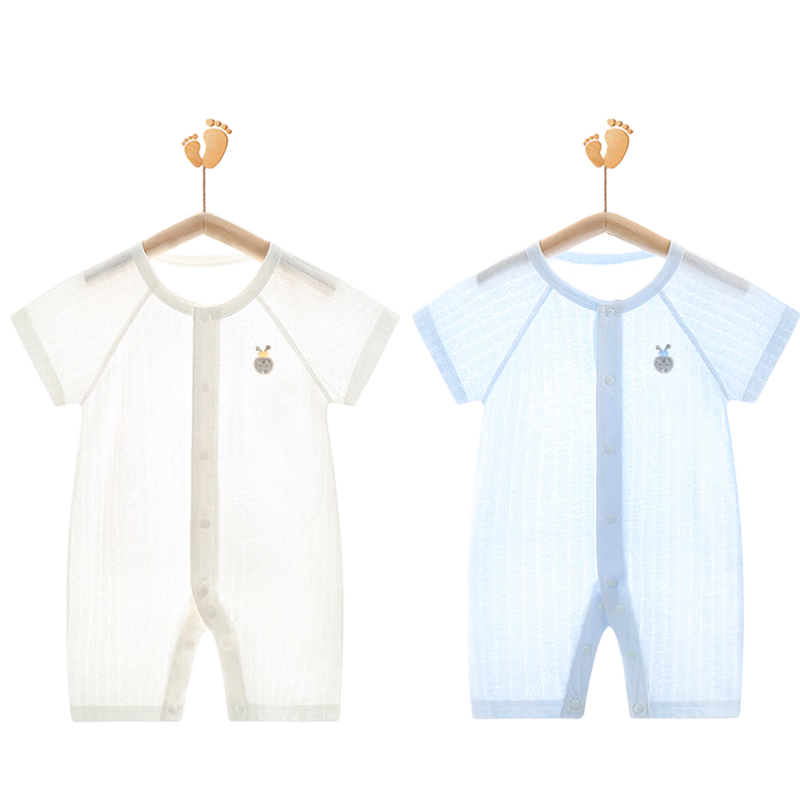 Babyprints Baby Romper 2-Pack Summer Short Sleeve Newborn Cotton Bodysuit Lightweight Crawling Suit White Blue 59cm