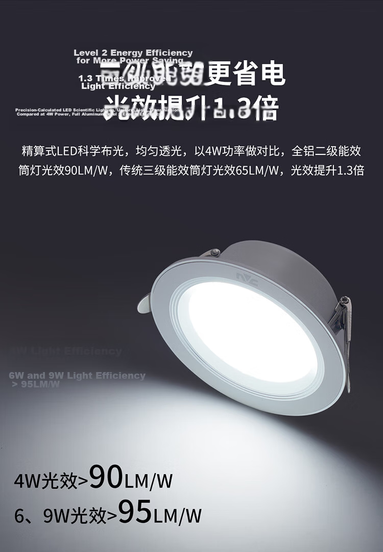 NVC LED Recessed Downlight Living Room Ceiling Light Level 2 Energy Efficiency Full Aluminum White Paint 4W Cool White 75-85mm Cutout 3