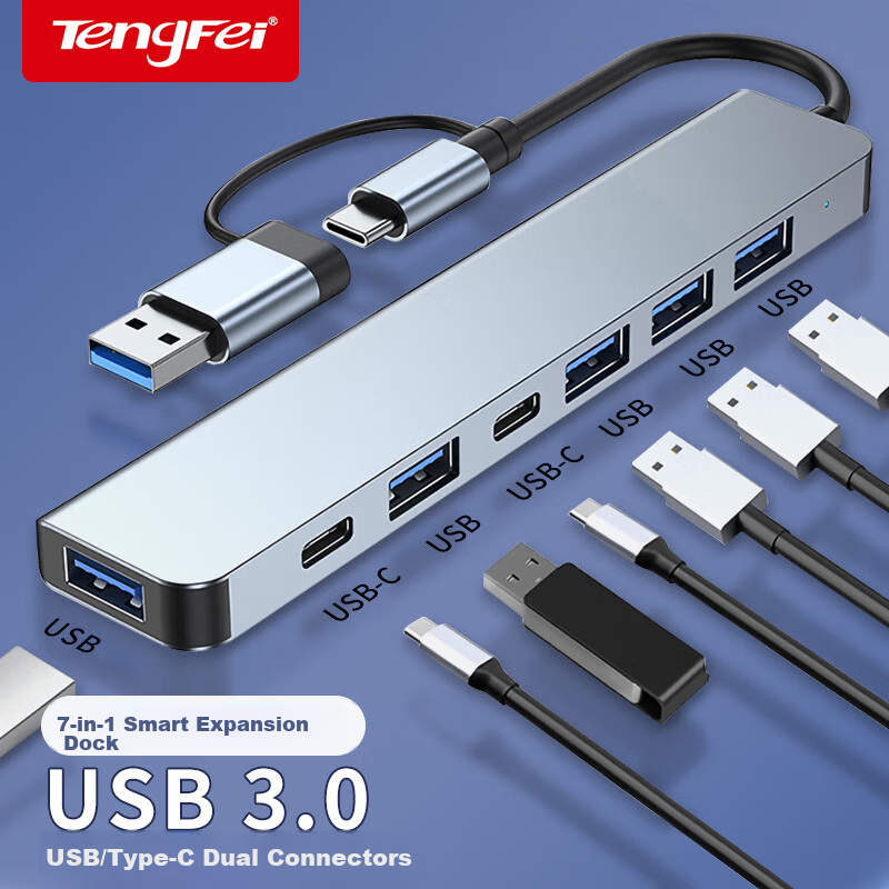 Tengfei Type-C/USB Hub to USB 3.0 Splitter High-Speed 7-Port Hub Multi-Adapter for Laptop Tablet Docking Station