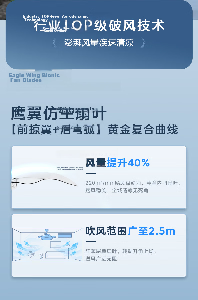Midea Ceiling Fan Light Integrated Fan Lamp LED Invisible Fan Air Conditioner Partner Eye Protection Light for Dining Living Bedroom Sleep 3