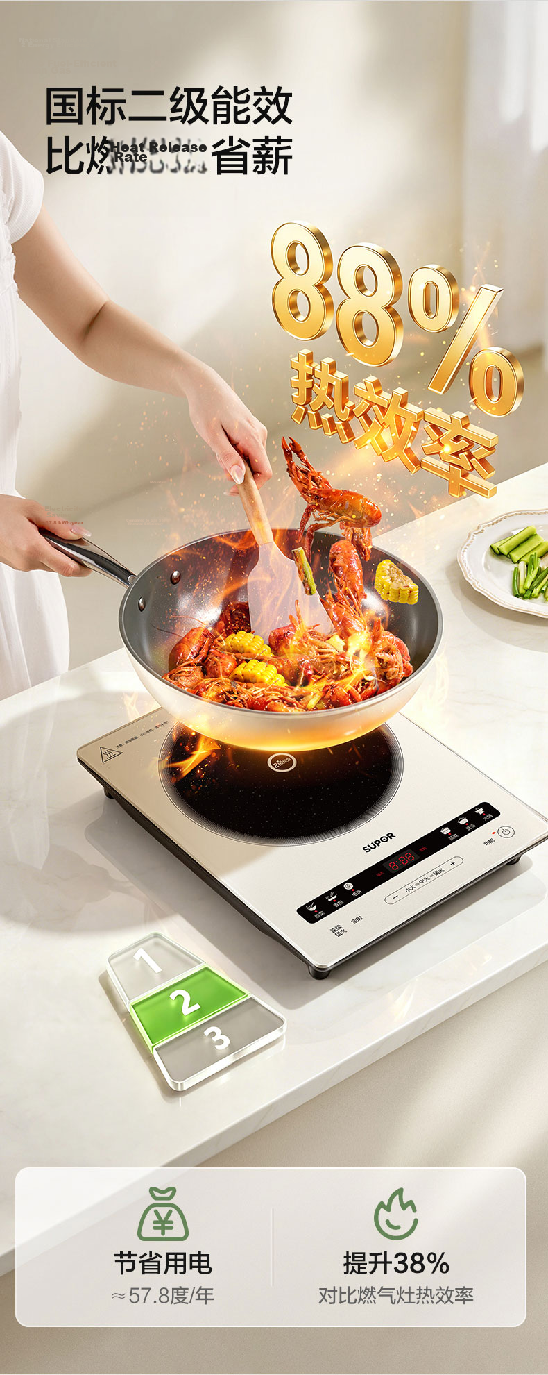SUPOR Induction Cooker Home Continuous High Heat Electric Ceramic Stove Level 2 Energy Efficiency Electric Stove Battery Stove Integrated Colorful Microcrystalline Full Plate Electric Fire Stove Wind  3