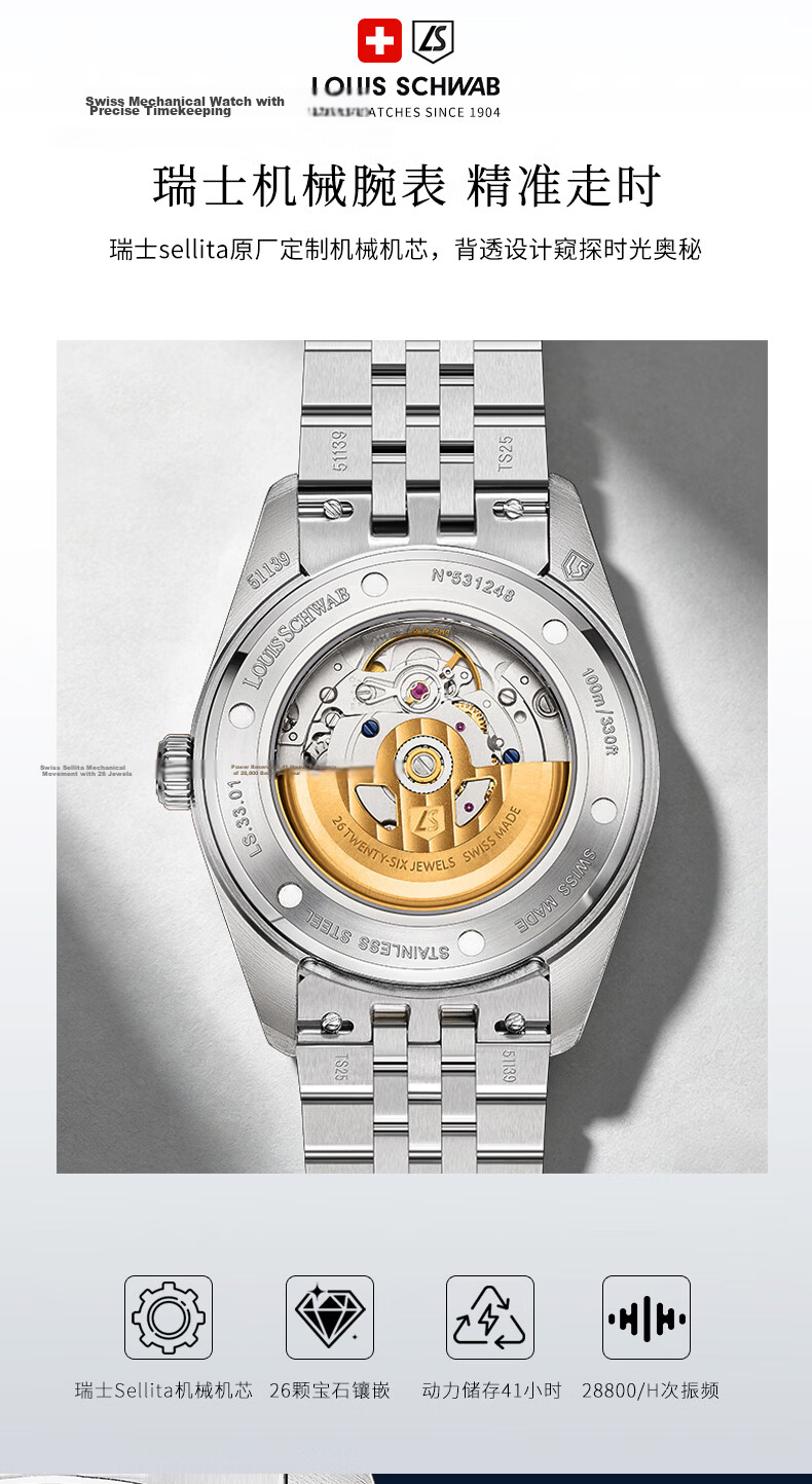 LOUIS SCHWAB Swiss Watch 45° Phantom Series Men's Steel Band Automatic Mechanical Watch LS.33.01 Father's Day Gift 3