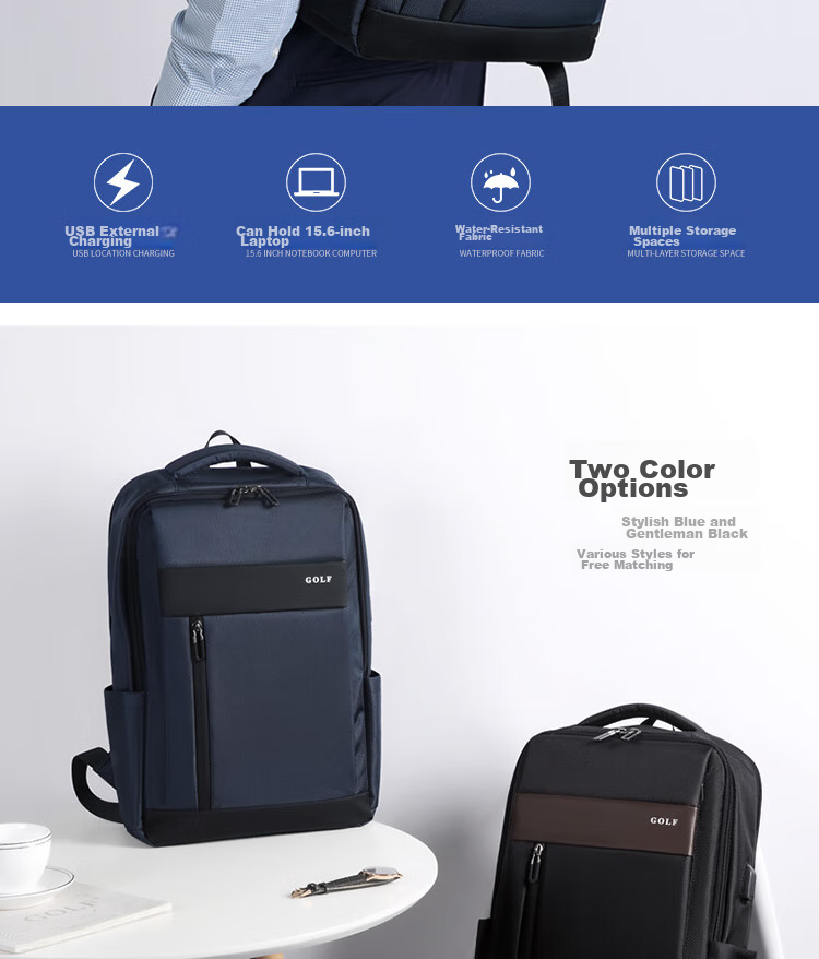 GOLF Backpack for Men, 15.6-Inch Large Capacity Laptop Bag, Multifunctional Water-Resistant Travel Business Casual Student Schoolbag, 5I488394J Blue 2