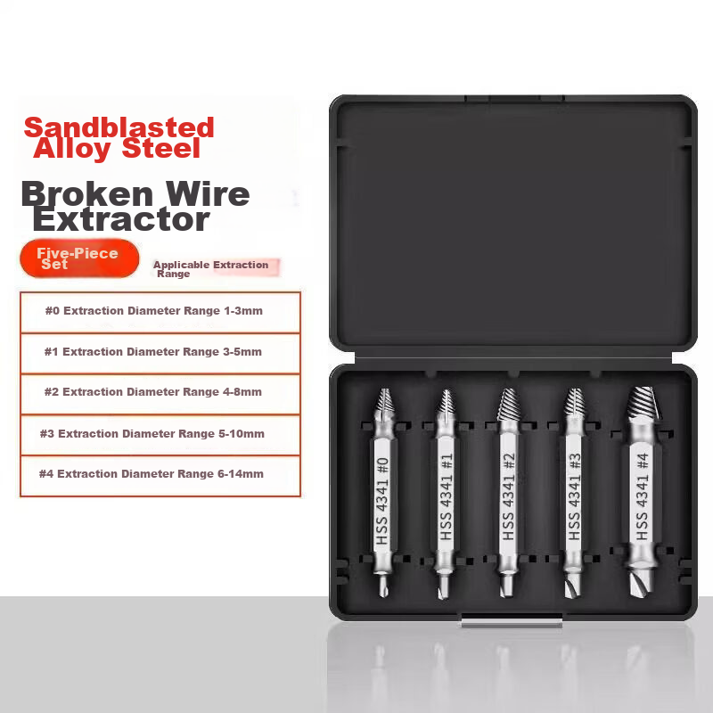 Gangyu Industrial Broken Screw Extractor Double-Ended Titanium Coated 5pc Plastic Box with Drill Bits Thread Repair Removal Tool