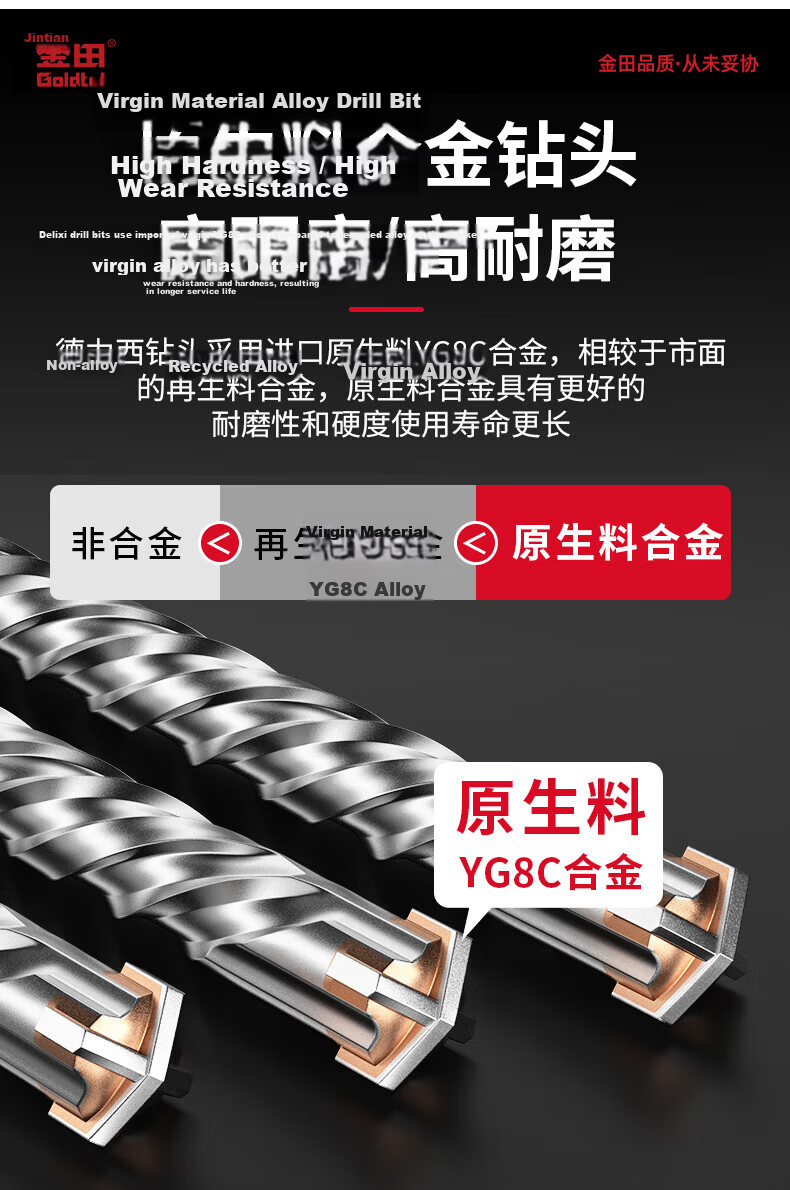 Jintian Two-Groove Two-Slot Electric Hammer Drill Bit High Hardness Concrete Rebar Drilling 6*160mm Cross Four-Blade Round Shank 3