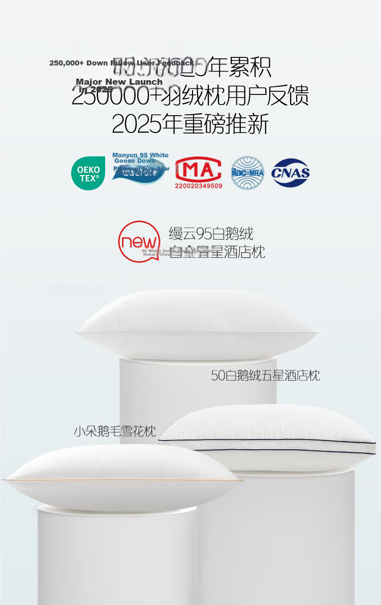 JD Jingzao Manyun Platinum Five-Star Hotel Pillow 95 White Goose Down Pillow Class A Antibacterial Mite-Resistant Down Pillow Single Piece 3