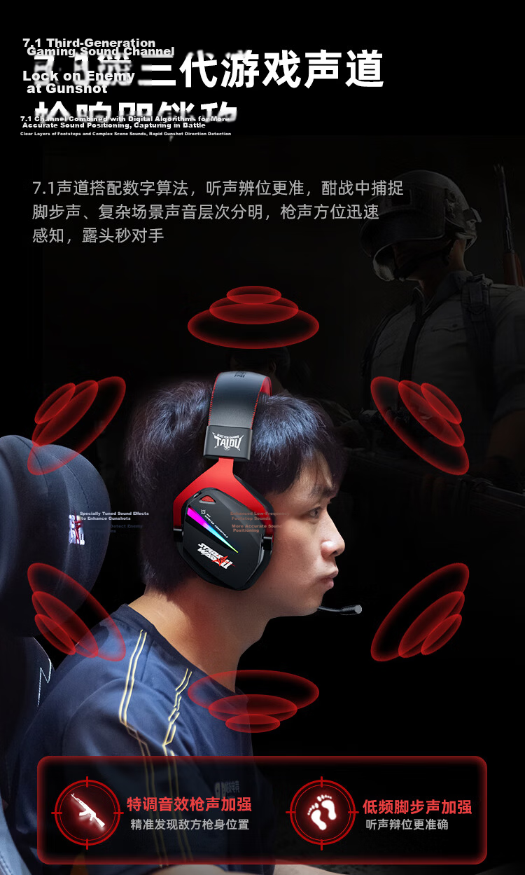 Taidu THS326 Quad-Mode Gaming Headset Bluetooth Wireless Over-Ear 7.1 Surround Sound Wired Esports Delta Operation Valorant FPS Positional Audio Lightning Yellow 11